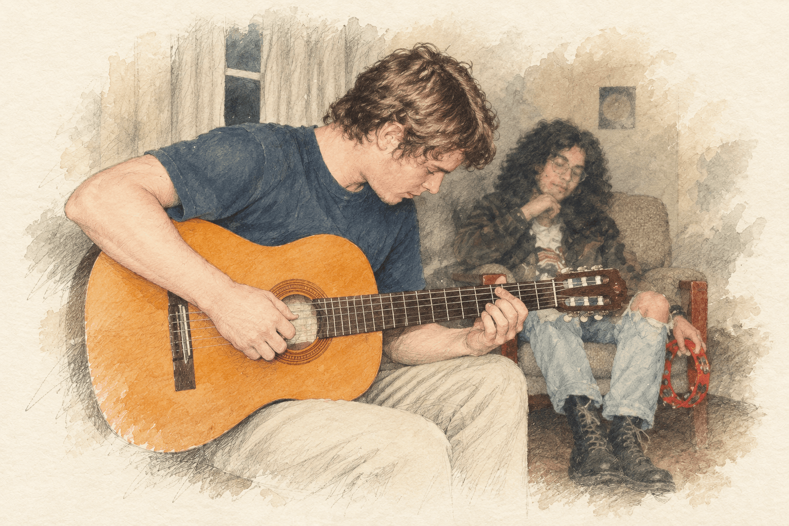 Young Che playing a classical guitar at home.