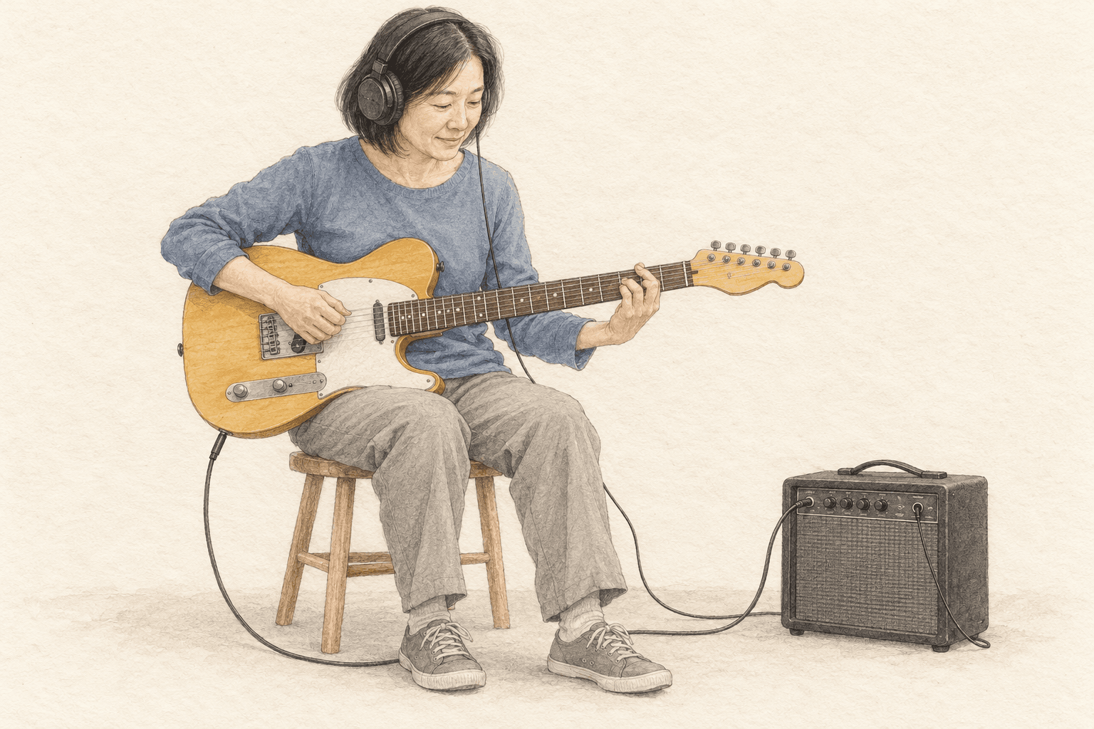 An adult beginner enjoys practising electric guitar through headphones connected to a small amp.