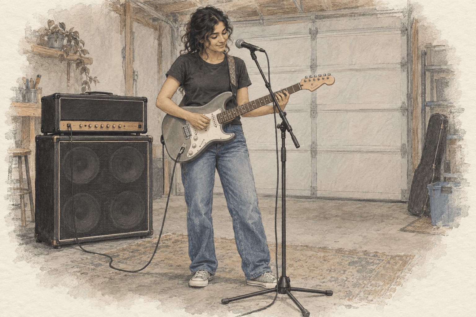 A standing electric guitarist practises beside a microphone and an amplifier stack in a garage.