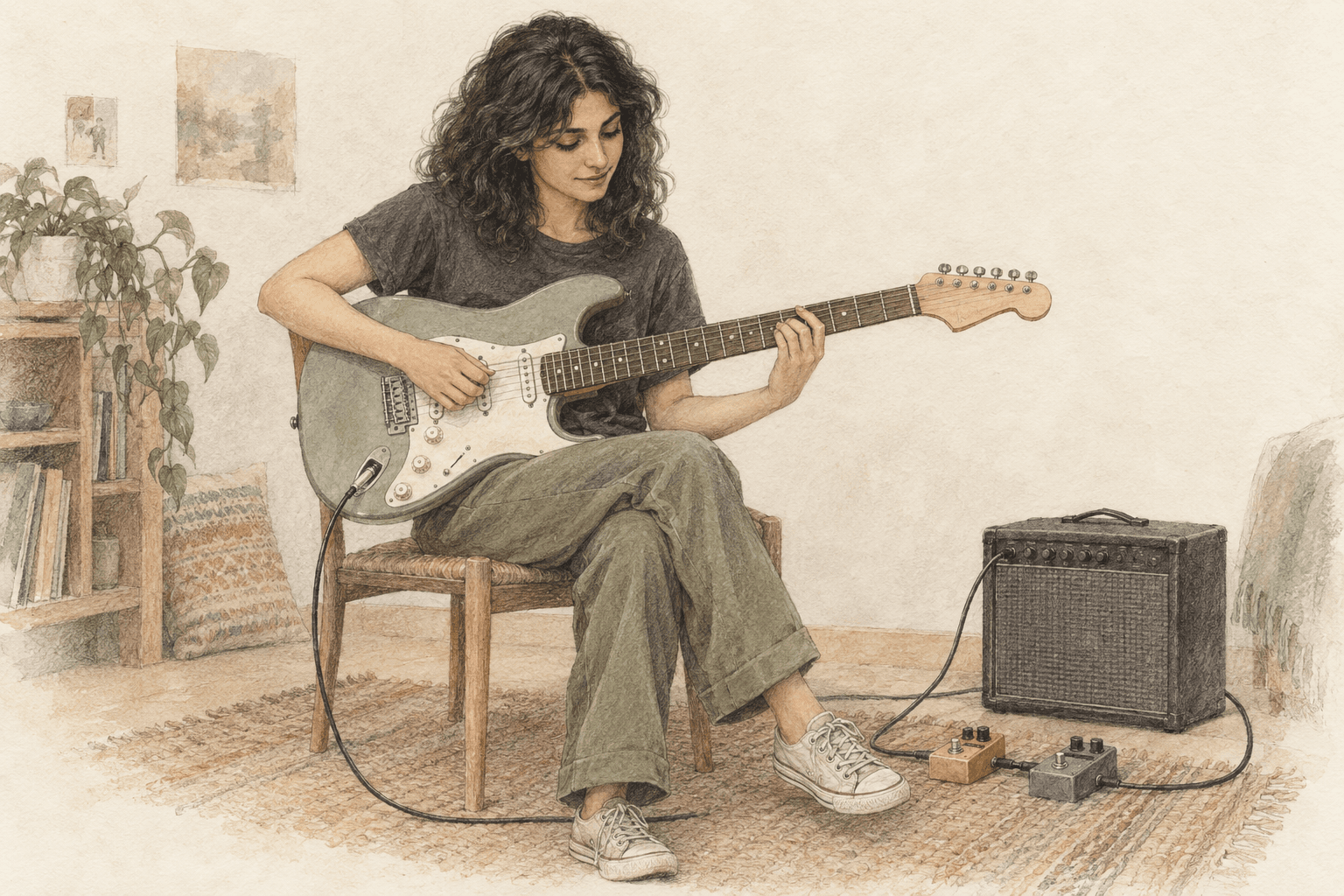 A young woman practises electric guitar with a compact amp and two pedals.