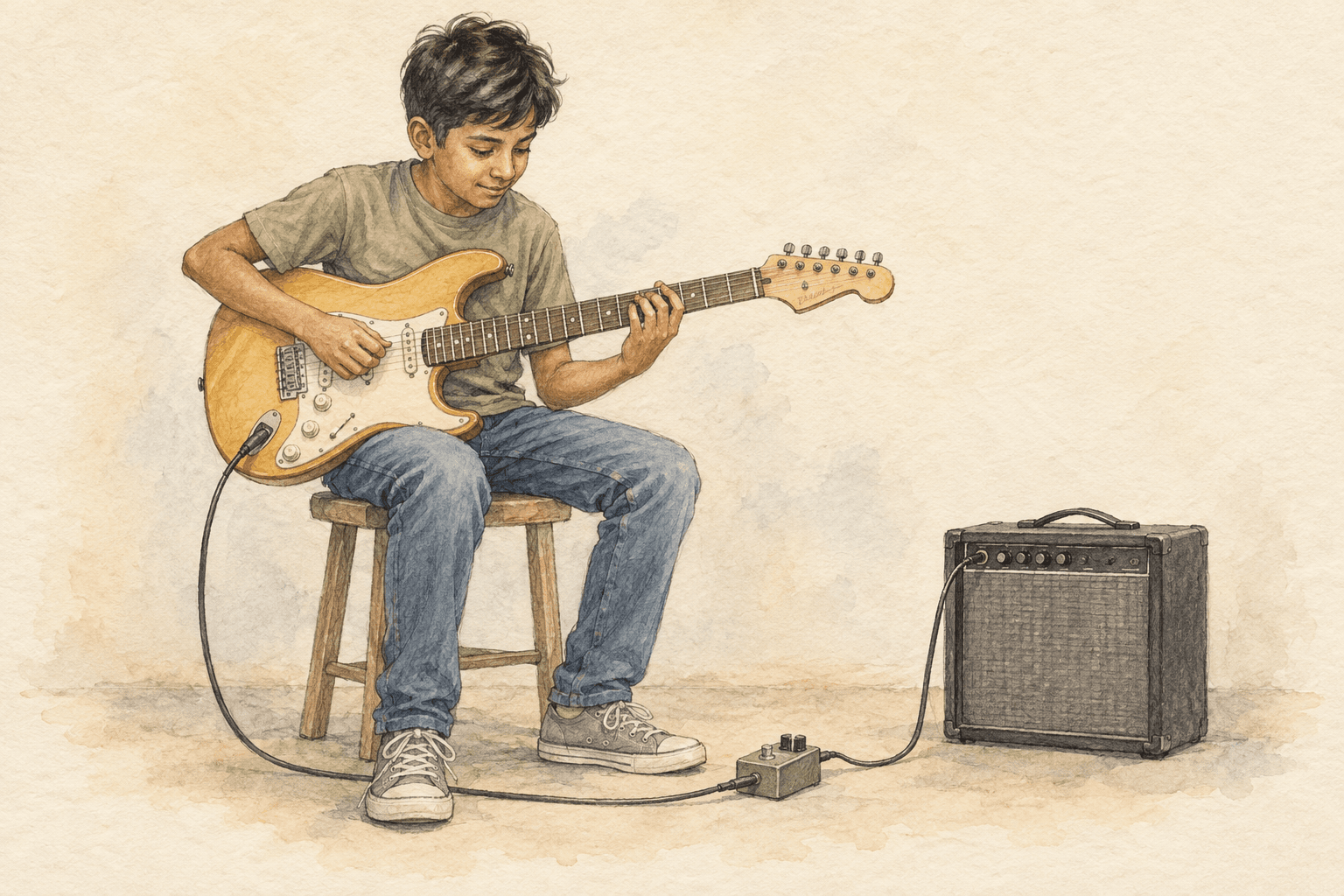 A young beginner concentrates on an electric guitar beside a small practice amp and one pedal.