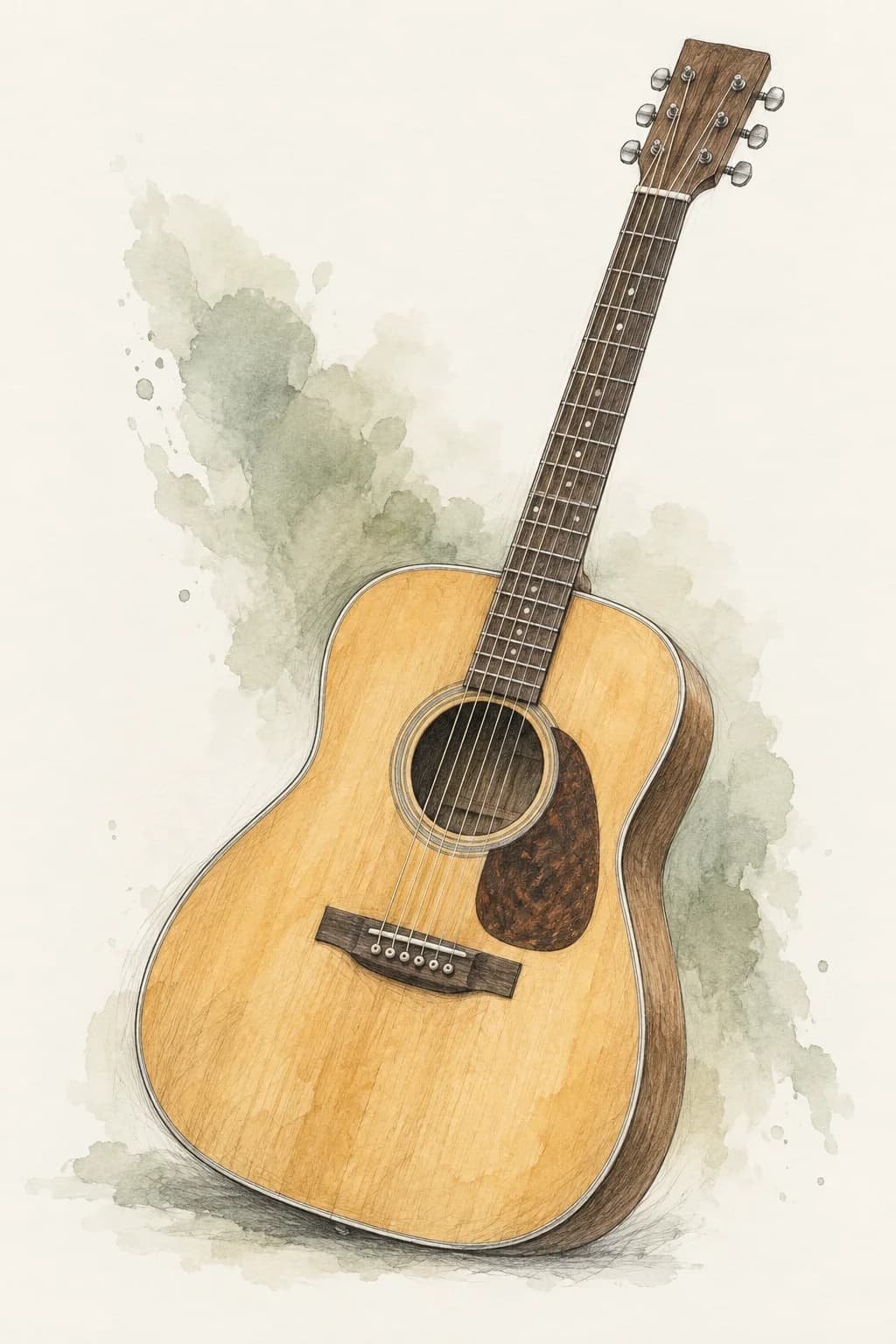 An acoustic guitar drawn in graphite with gentle honey and sage watercolour washes.
