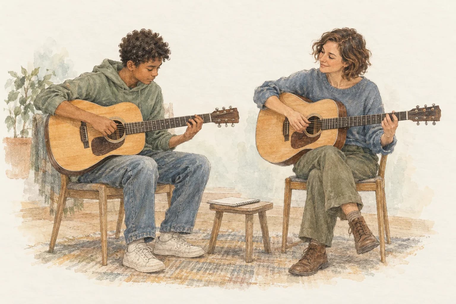 A teacher listens and plays acoustic guitar alongside a teenage learner, seated at the same level.