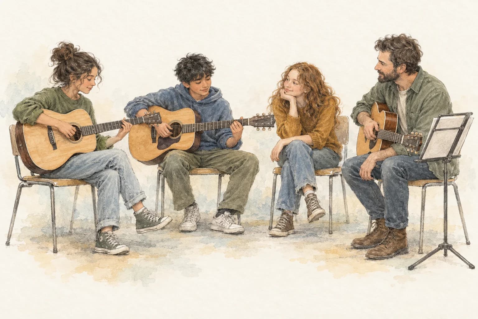 A teacher and three young learners sit in a loose semicircle, listening and making music with guitars.